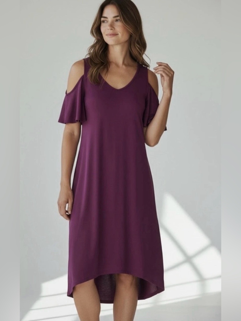 H by Halston Magenta Cold-Shoulder V-Neck High-Low Midi Dress